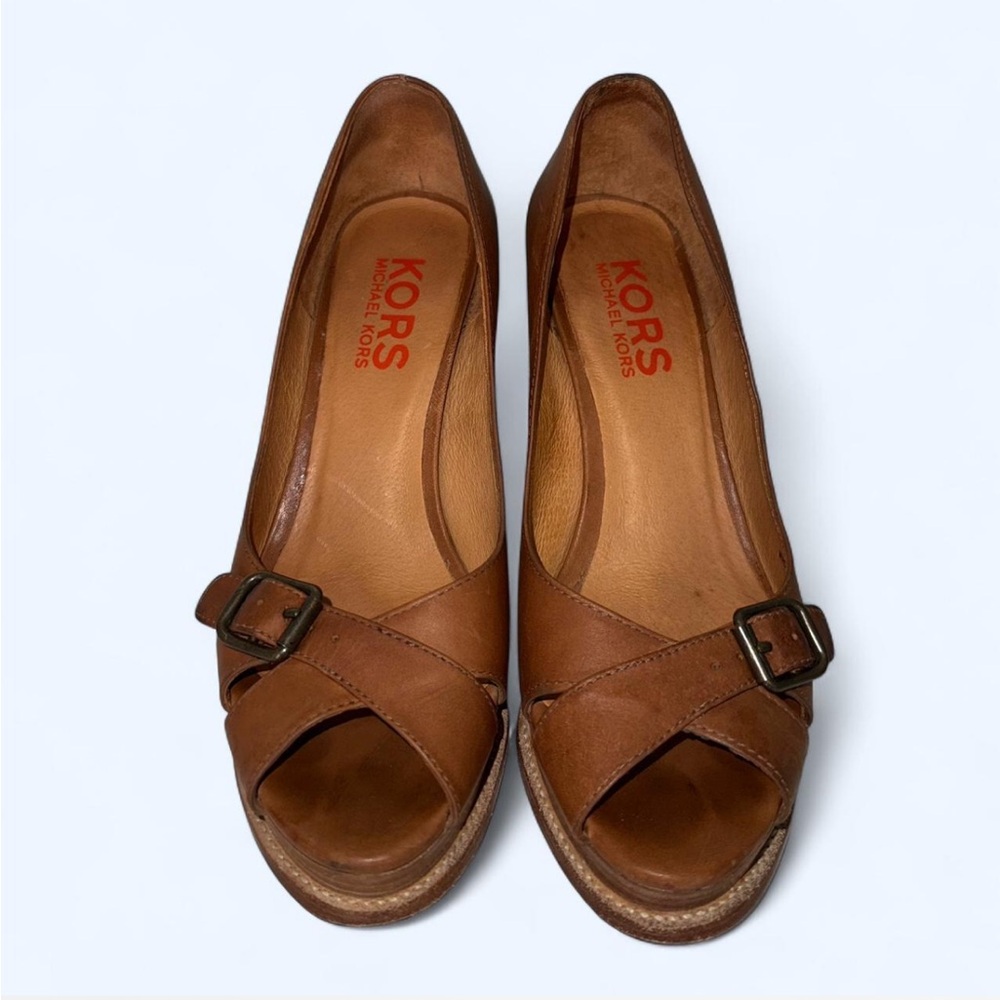 Michael Kors Tan Leather Peep Toe Wedges